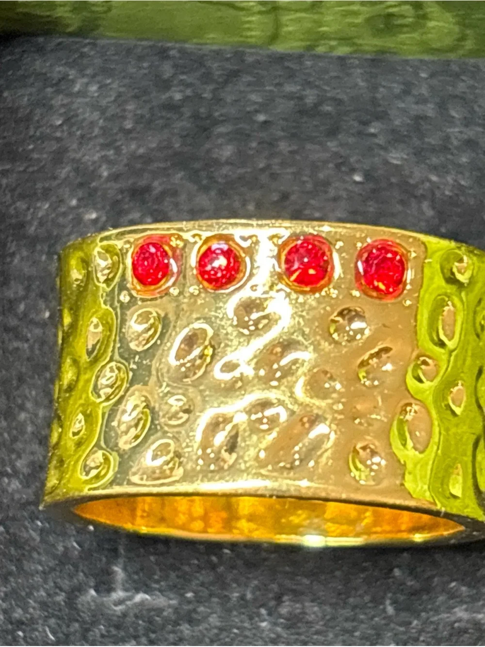 Gold Hammered Wide Band Ring with Red Stones